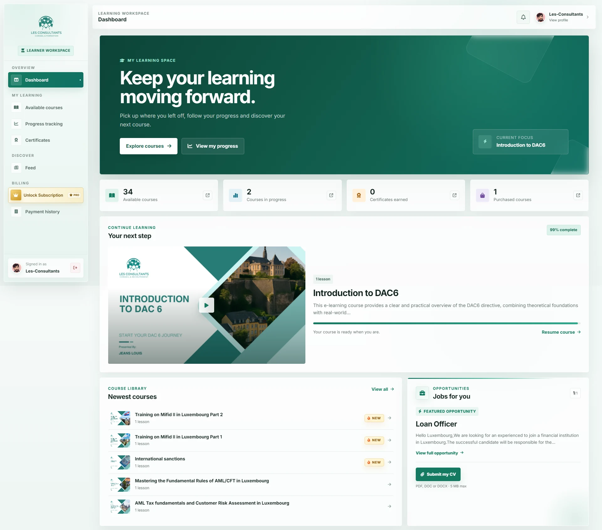 Les Consultants e-learning dashboard showing courses, progress and certificates